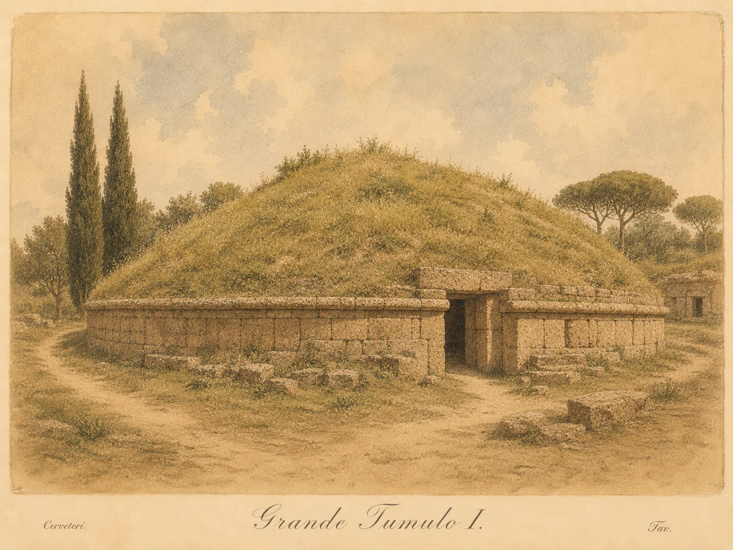 Ricostruzione illustrata di Grande Tumulo I