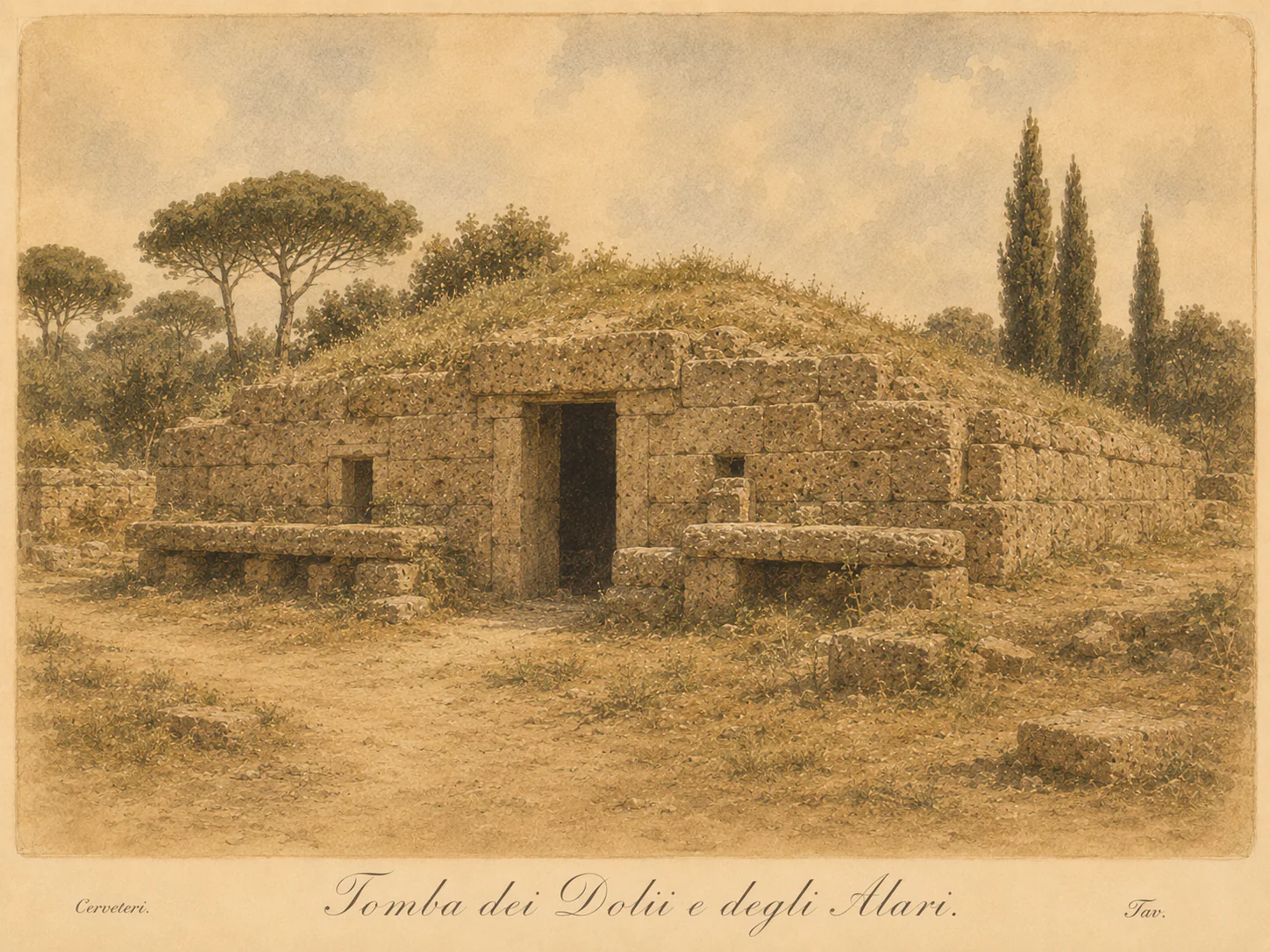 Illustrated reconstruction of the Tomb of the Dolia and Firedogs
