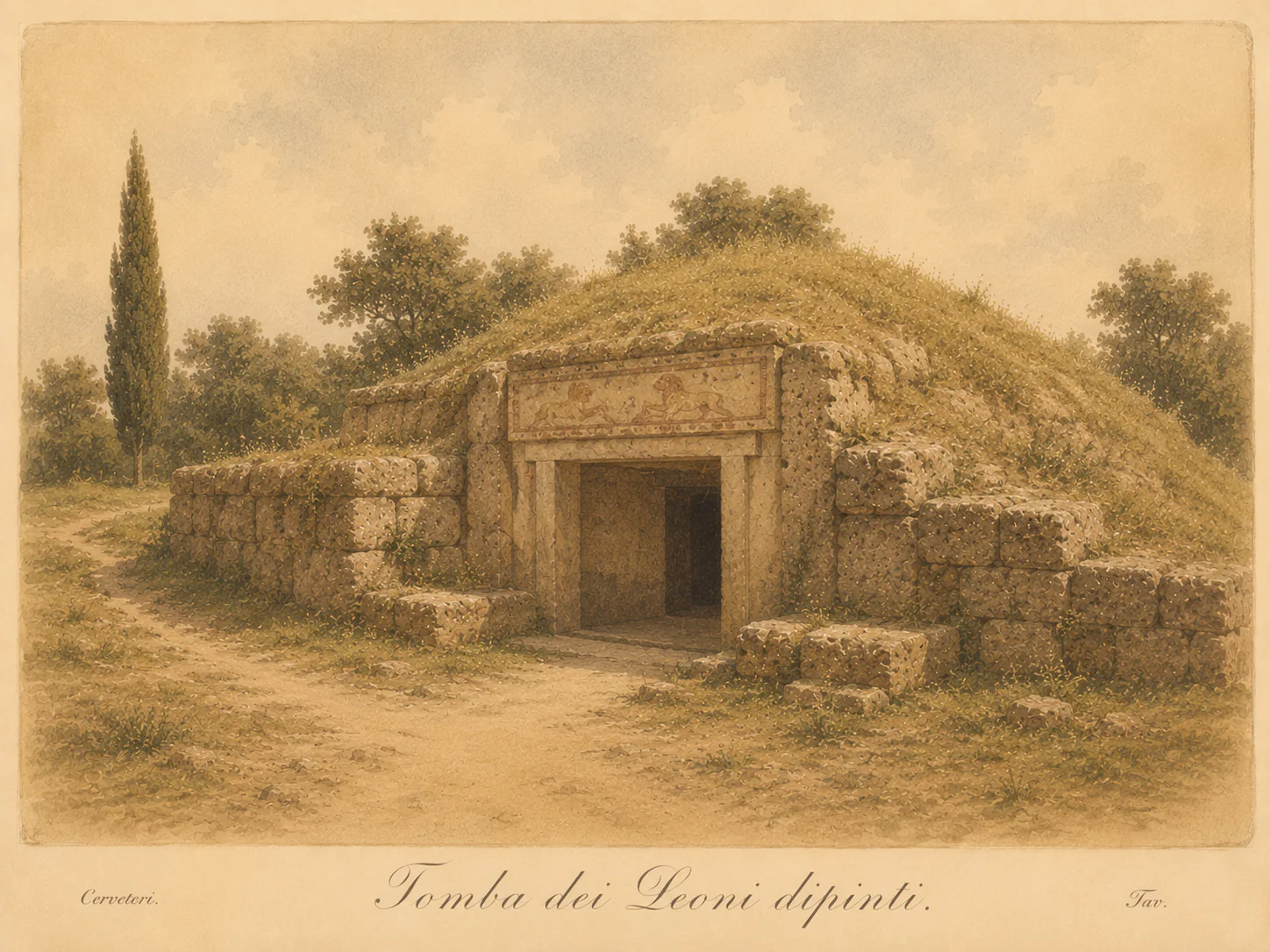 Ricostruzione illustrata di Tomba dei Leoni Dipinti