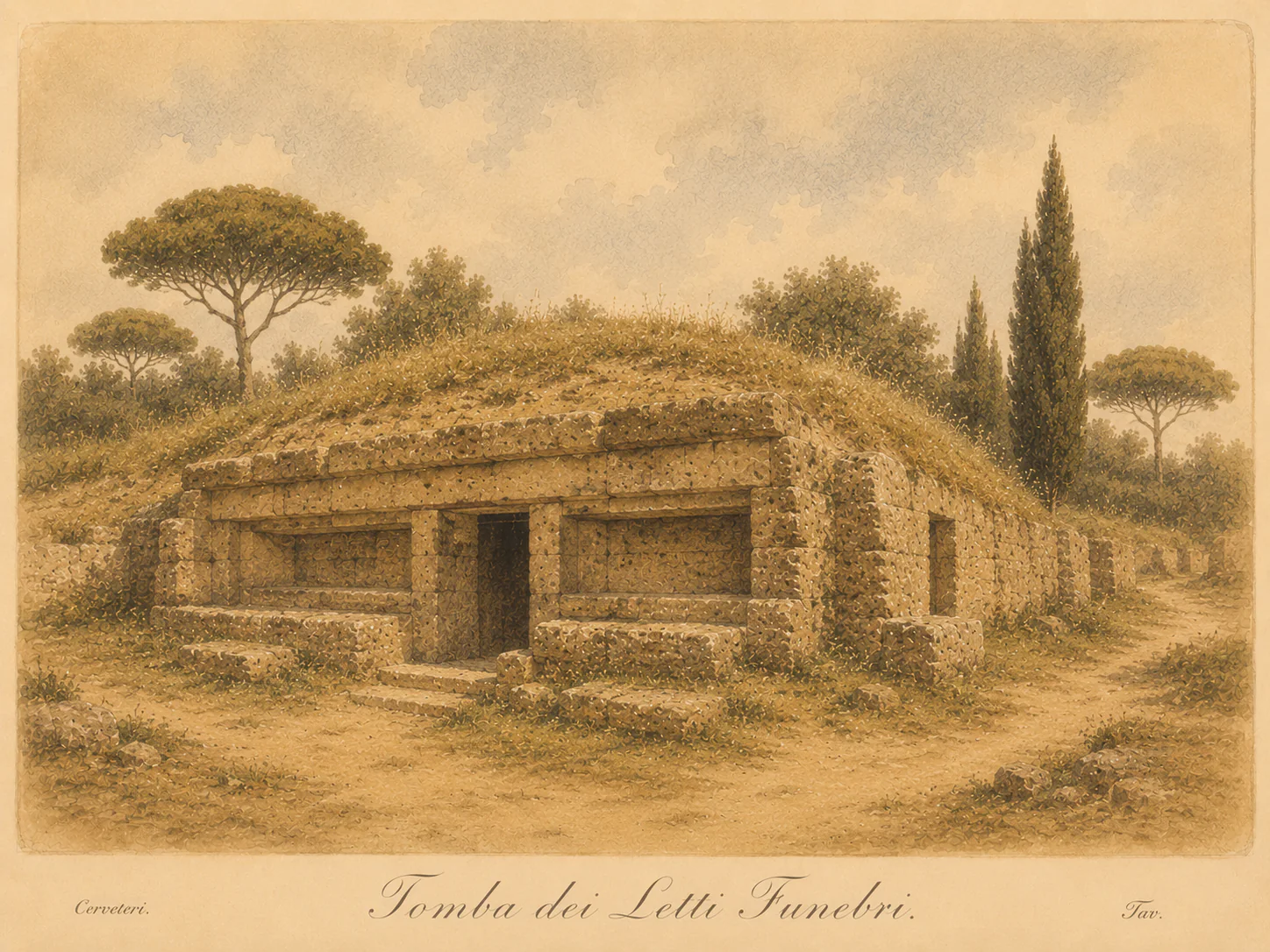 Ricostruzione illustrata di Tomba dei Letti Funebri