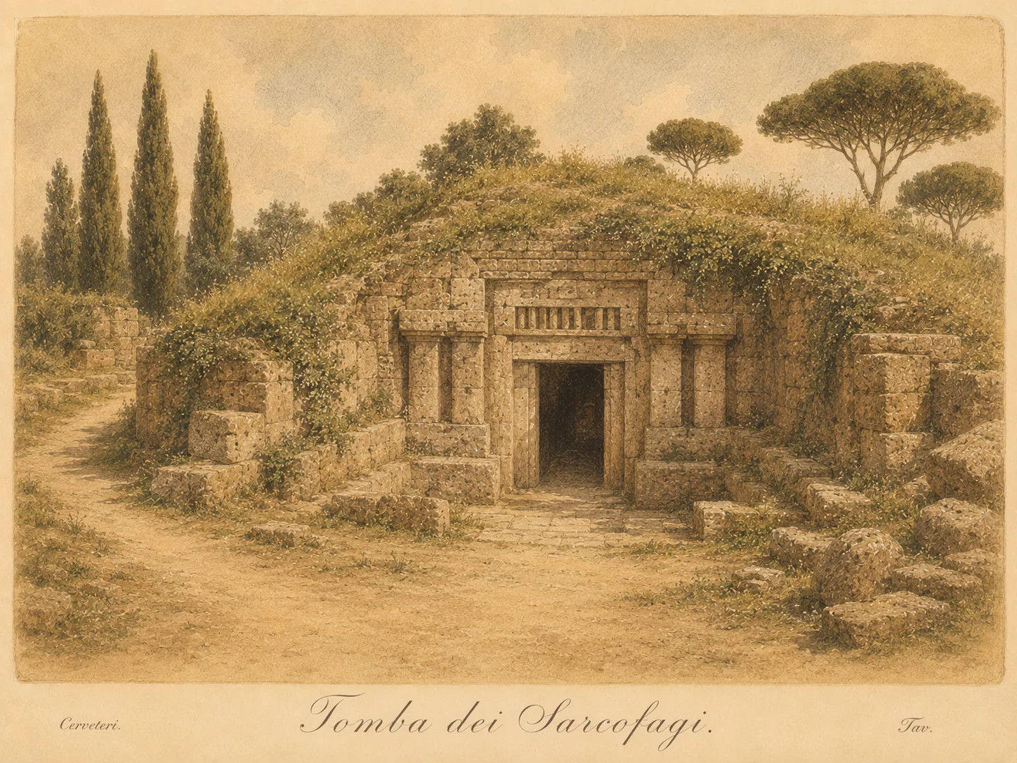 Ricostruzione illustrata di Tomba dei Sarcofagi