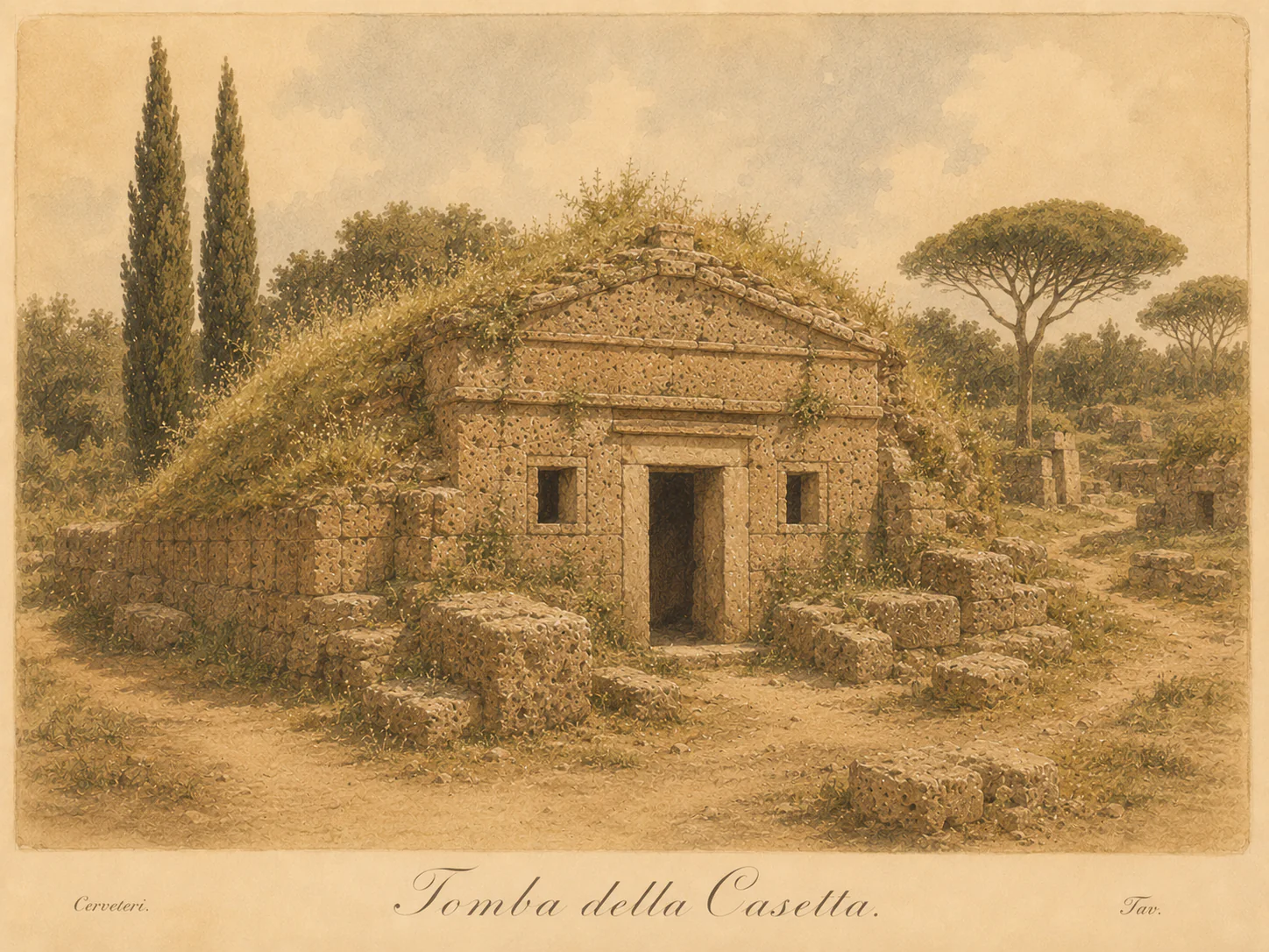 Ricostruzione illustrata di Tomba della Casetta