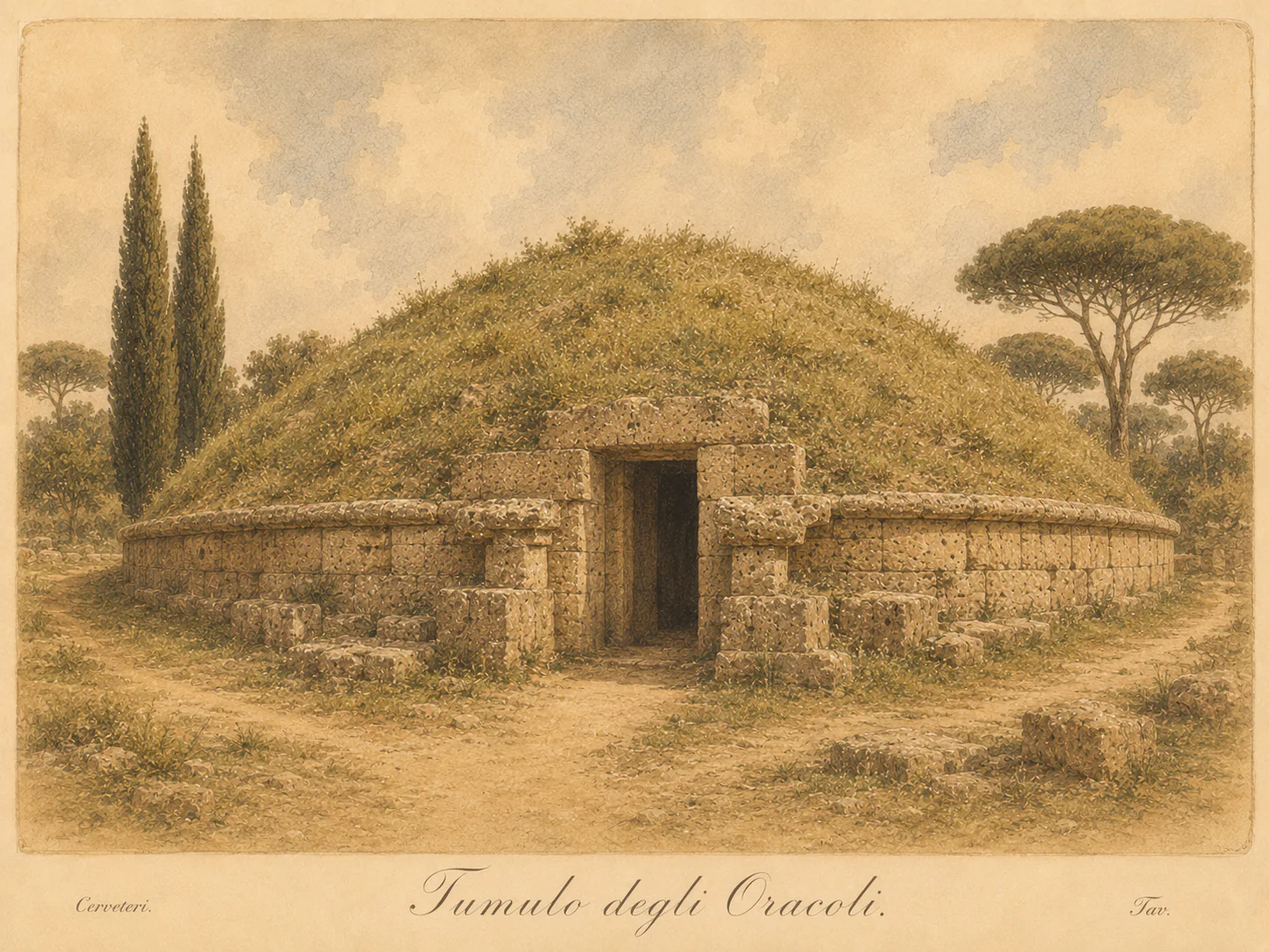 Illustrated reconstruction of the Tumulus of the Oracles